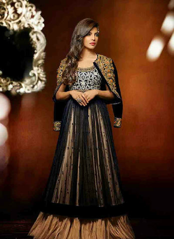 Black golden cream rich combination decent full long anarkali suit - New India Fashion