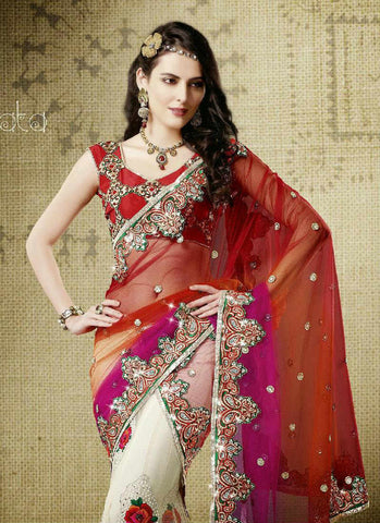 Red pink white fine combination net material embroidery work decent mahotsavensemble lehenga saree - New India Fashion