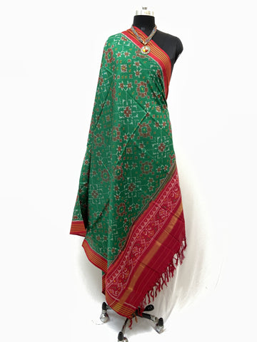 Traditional Navratna design in Parrot Green and Red colour semi double Ikat Dupatta