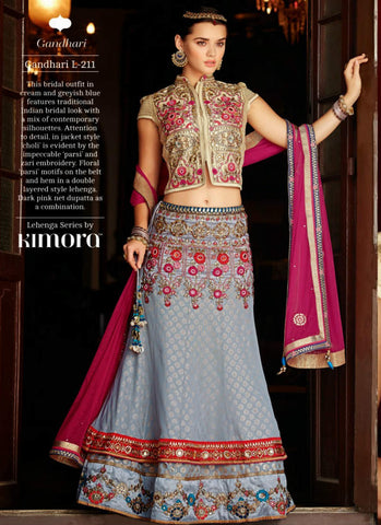 Pink cream greyish blue fine colour combination bangalori silk & premium net material designer kimora wedding decent lehenga choli - New India Fashion
