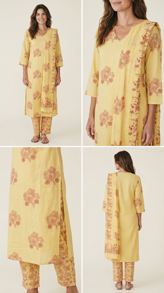 Yellow hand block printed 3-piece kurta pants and dupatta set, alternate view - New India Fashion