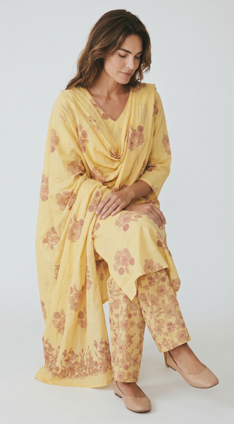 Yellow block print cotton kurta set with rose floral motifs, alternate view - New India Fashion