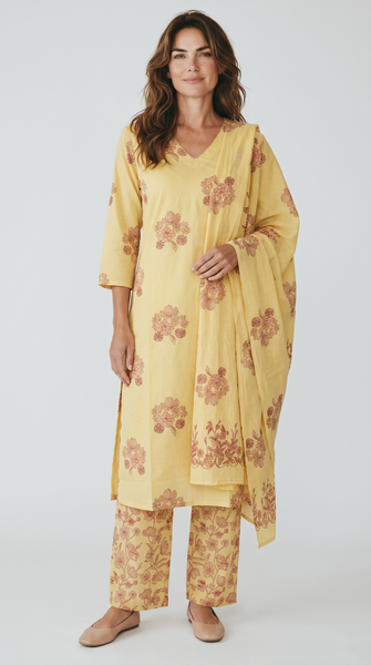 Yellow hand block printed cotton kurta set with matching pants and dupatta, model seated front view - New India Fashion