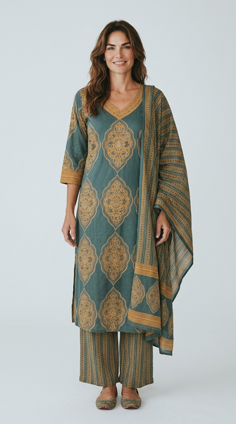 Model wearing teal green cotton kurta set with matching dupatta, palazzo pants and traditional juttis