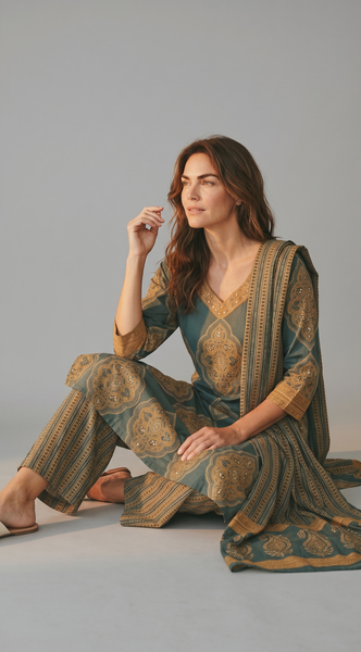 Woman seated wearing teal green Mughal print cotton kurta set with mustard gold motifs, palazzo pants and dupatta