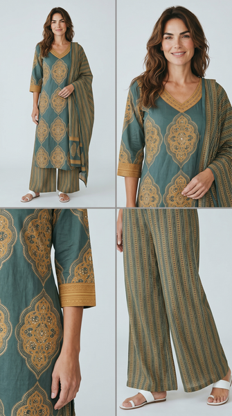 Teal green kurta set details collage showing mirror work neckline, Mughal print and striped palazzo pants