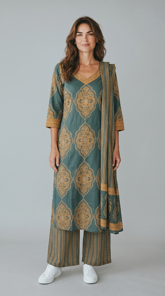 Full length view of teal green Mughal print kurta set styled with white sneakers for a contemporary look
