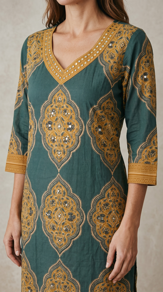 Close-up of mirror work V-neckline and mustard gold Mughal medallion print on teal green cotton kurta