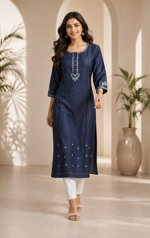 Indigo blue denim kurti with chikankari embroidery on neckline and hem, styled with white pants — New India Fashion