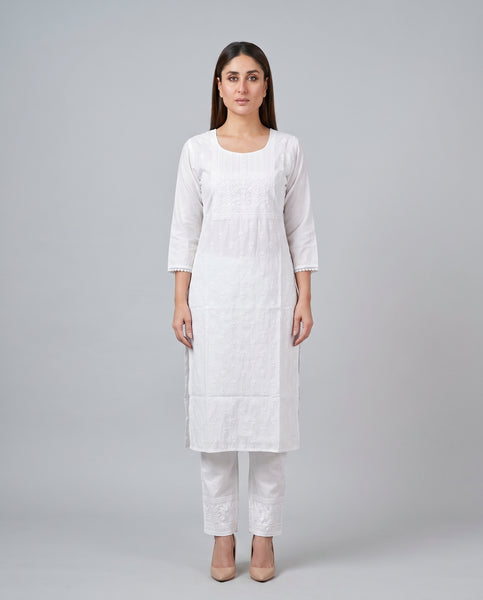 White Chikankari Embroidered Kurta with Pants Set