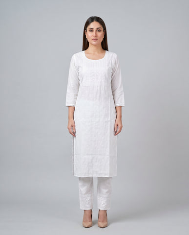 White Chikankari Embroidered Kurta with Pants Set