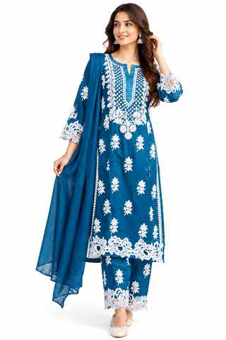 Model wearing teal blue pure Gajji silk kurta and pants with white hand embroidery and chiffon dupatta