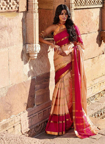 Beige and pink saree - New India Fashion