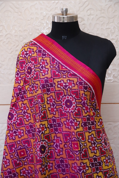 Semi double ikat dupatta in Pink and Yellow colour with traditional Manekchowk and Navratna design