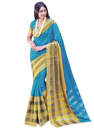Sky blue and golden saree - New India Fashion