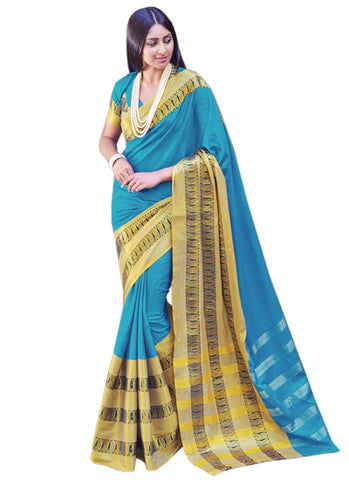 Sky blue and golden saree - New India Fashion