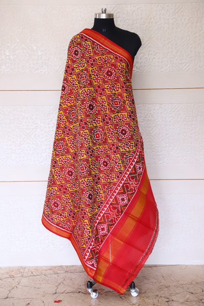 Semi double ikat dupatta in Yellow and Red colour with traditional Navratna and Manekchowk mix design