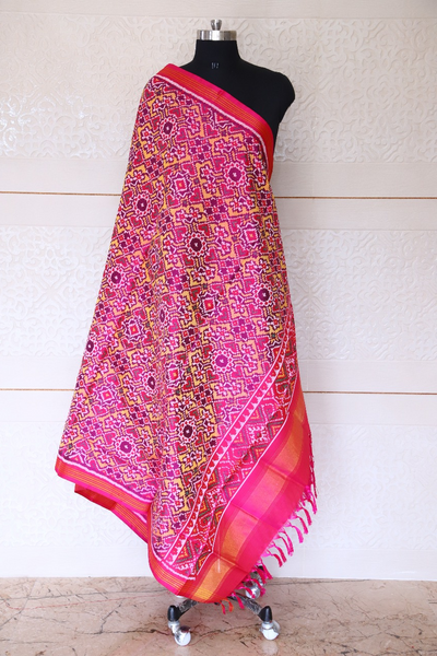 Semi double ikat dupatta in Pink and Yellow colour with traditaional navratna and Manekchowk mix design