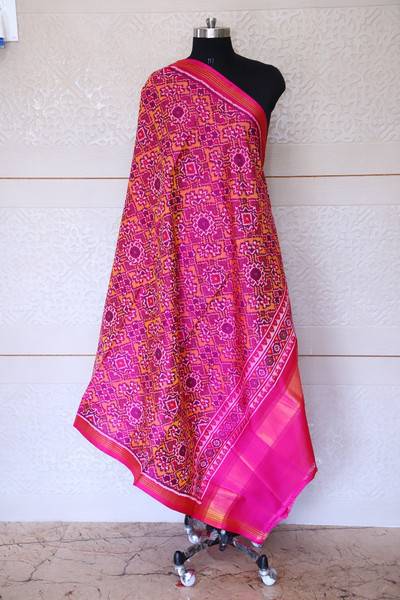 Semi double ikat dupatta in Pink and YEllow colour with traditional Navratna and Manekchowk design