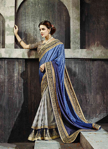 Blue and Off white saree - New India Fashion