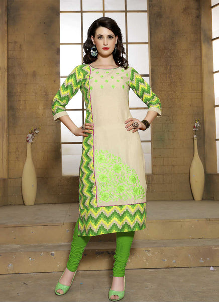 Cream and parrot green kurti - New India Fashion