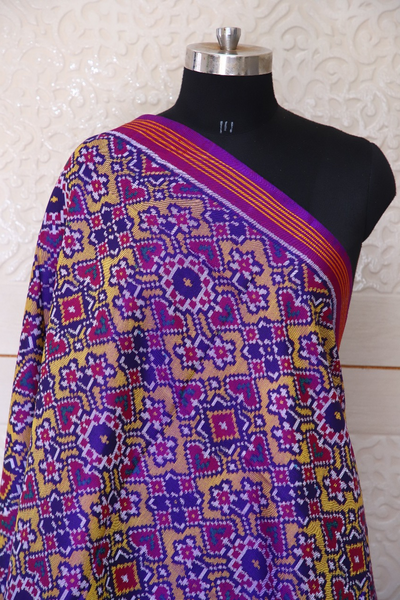 Semi double ikat dupatta in Yellow and Purple colour with traditional navratna and manekchowk design