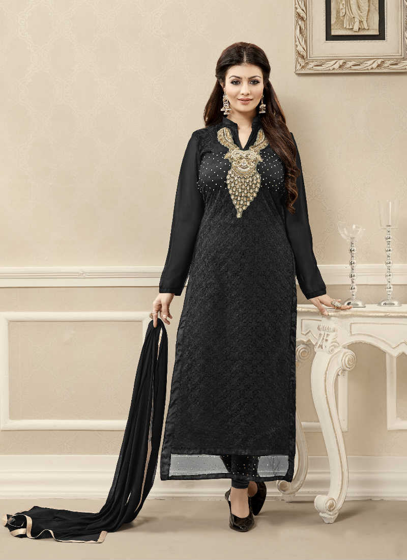 Best Offers on Georgette Embroidered Straight Salwar Suit in - Upto 20-71%  off Sale - Salwar