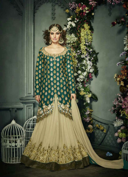 Green and cream lehenga type salwar suit - New India Fashion