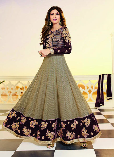 Beige and brown anarkali suit - New India Fashion