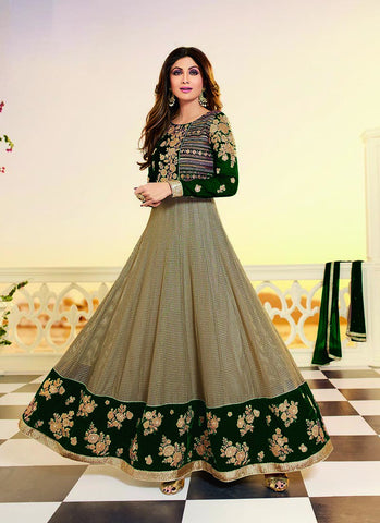 Beige and green anarkali suit - New India Fashion