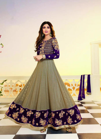 Beige and indigo anarkali suit - New India Fashion
