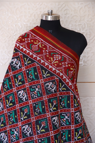 Semi double ikat dupatta in traditional Hathi Popat design in red and black colour