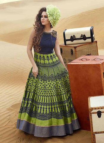 Blue and parrot green indowestern gown