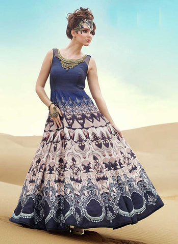Blue and maroon printed indowestern gown