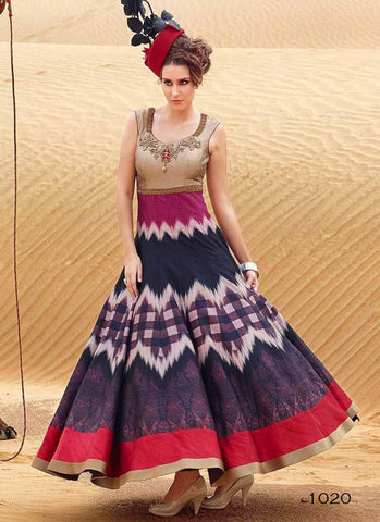 Beige and blue patola style printed indowestern gown