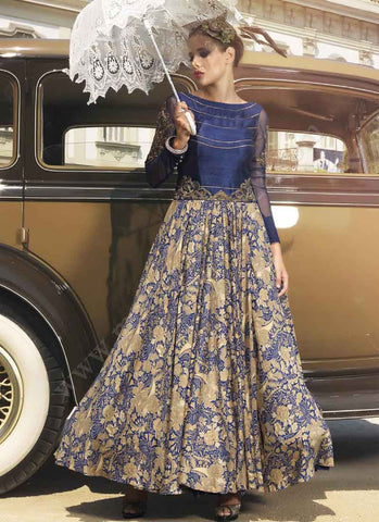 Blue and beige indowestern gown