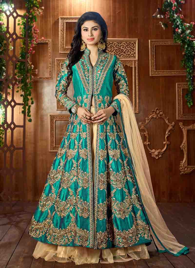 Buy Blue Net Embroidered Hand V Neck Indowestern Gown For Women by Jiya by  Veer Design Studio Online at Aza Fashions.