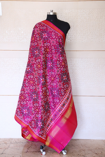 Semi double ikat dupatta in Pink colour with traditional Manekchowk design
