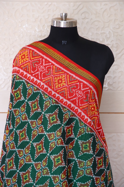 Semi double ikat dupatta in Green and Red colour with traditional 16 sitara design