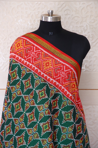 Semi double ikat dupatta in Green and Red colour with traditional 16 sitara design