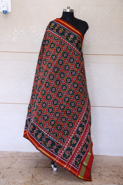 Semi double ikat dupatta in Red and Black colour with traditional Buttonfull design