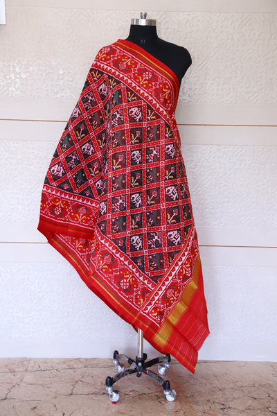 Semi double ikat dupatta in traditional Hathi Popat design in red and brown colour