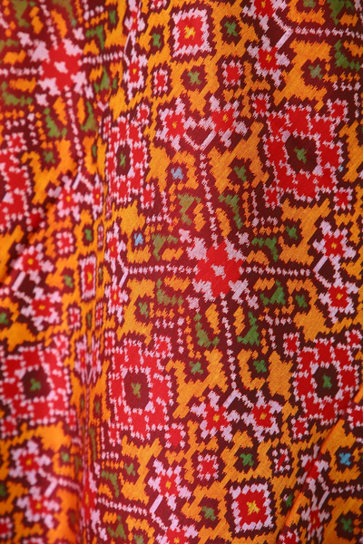 Semi double ikat dupatta in traditional navratna design with Red and Golden colour