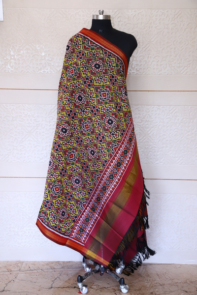 semi double ikat dupatta in Yellow and red colour with traditional Navratna and Manekchowk design