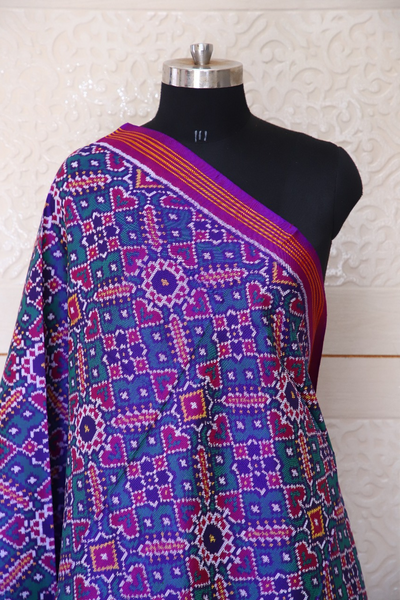 Semi double ekat dupatta in purple and Green colour with treditional manekchowk and navratna mix design