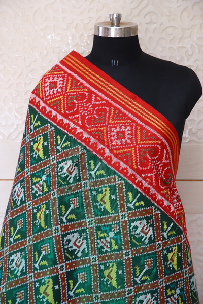 Semi double ikat dupatta in Green ans Red colour with traditional Narikunj design