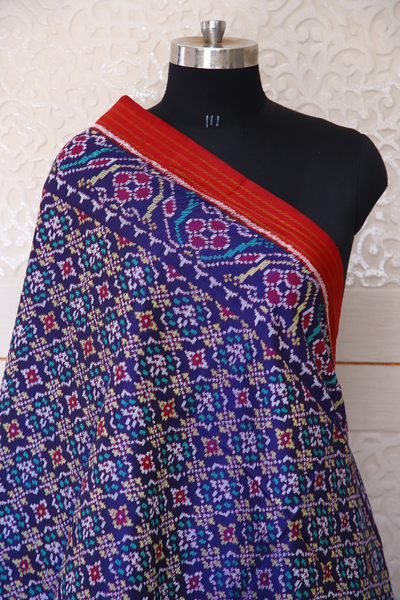 Semi double ikat dupatta in Blue and Red colour with traditional buttonfull design