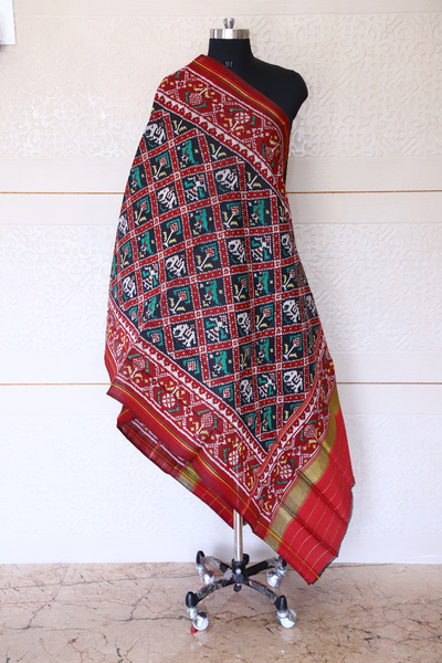 Semi double ikat dupatta in traditional Hathi Popat design in red and black colour