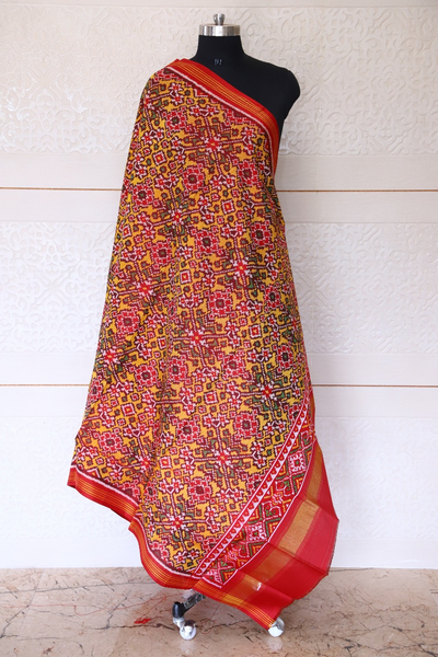 Semi double ikat dupatta in Red and Yellow colour with traditional Navratna design