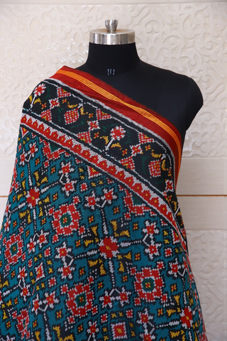 Semi double ikat dupatta in REd and Morpichha colour with traditional navratna design